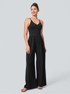 HALARA Black Wide-Leg V-Neck Jumpsuit with Spaghetti Straps